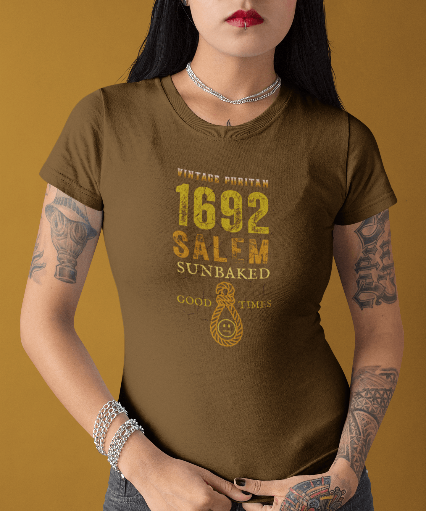 Salem 1692 Vintage Puritan Sunbaked T-Shirt | Sarcastic Witch Trials Parody Graphic Tee, Funny Dark Humor Noose Halloween Shirt - Guilty Kick Apparel