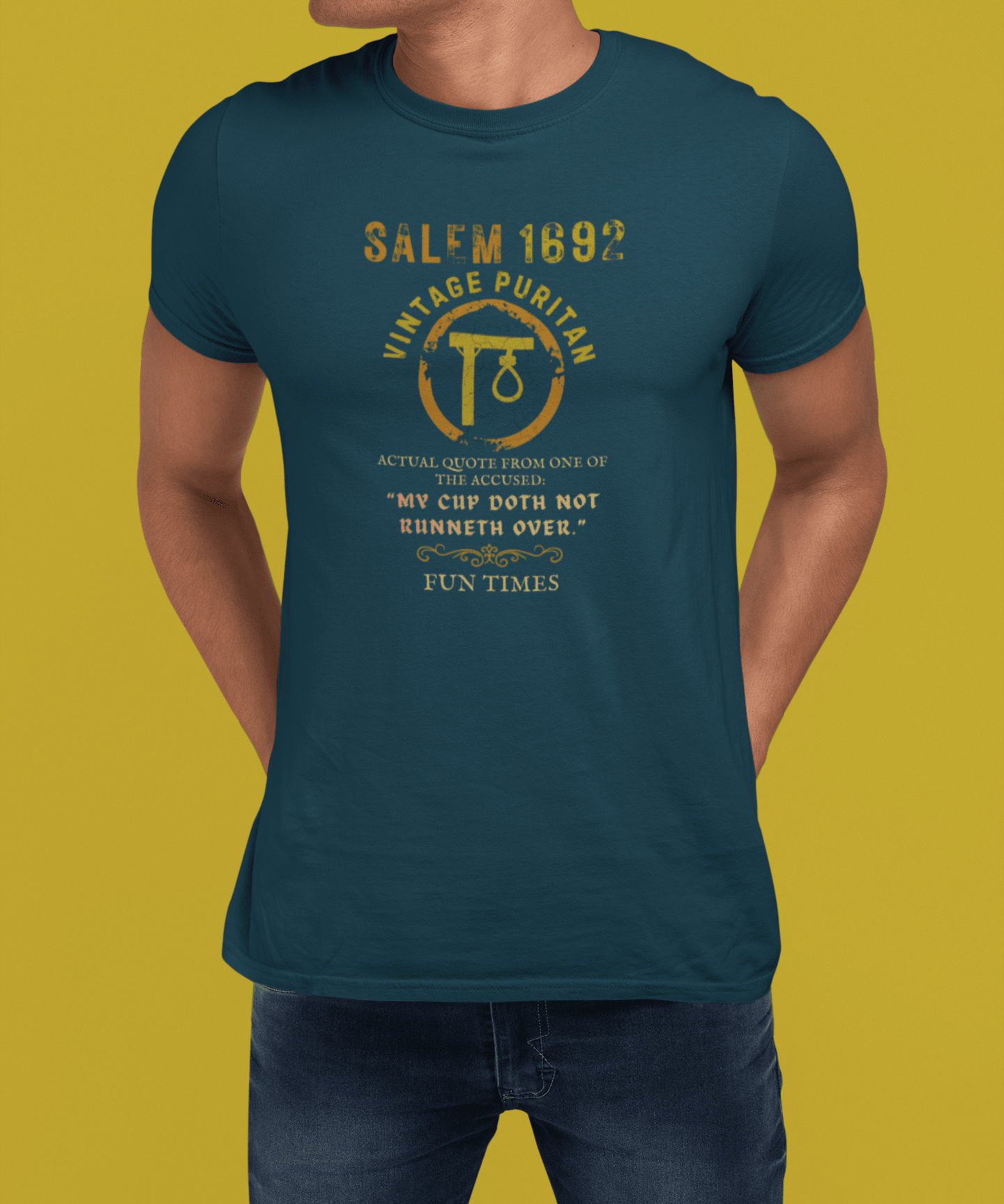 Salem 1692 Vintage Puritan T-Shirt | Sarcastic Witch Trials Parody Graphic Tee, Funny Dark Humor Gallow Gallows Halloween Shirt - Guilty Kick Apparel