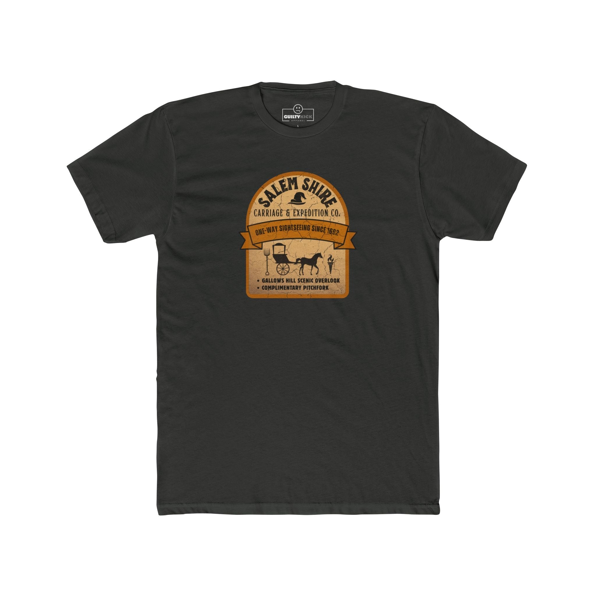 Salem Shire Carriage & Expedition Co. T-Shirt | Vintage Salem Witch Trials Parody Graphic Tee, Funny Gallows Hill Halloween Tour Shirt - Guilty Kick Apparel