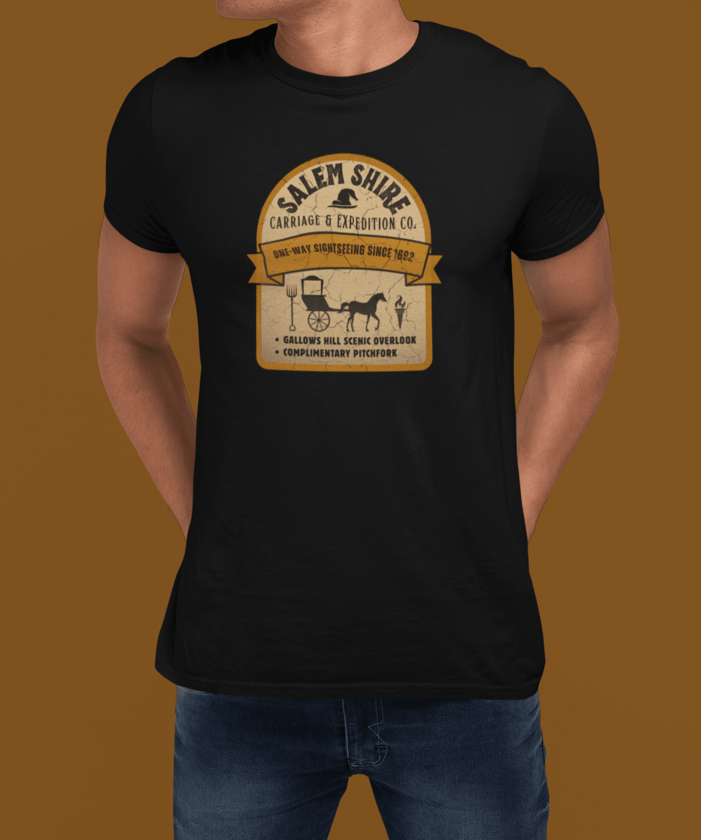 Salem Shire Carriage & Expedition Co. T-Shirt | Vintage Salem Witch Trials Parody Graphic Tee, Funny Gallows Hill Halloween Tour Shirt - Guilty Kick Apparel