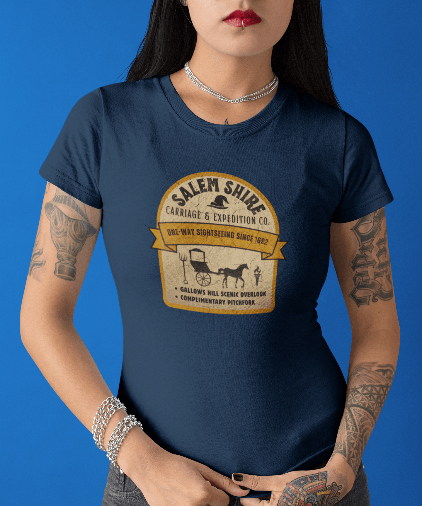 Salem Shire Carriage & Expedition Co. T-Shirt | Vintage Salem Witch Trials Parody Graphic Tee, Funny Gallows Hill Halloween Tour Shirt - Guilty Kick Apparel