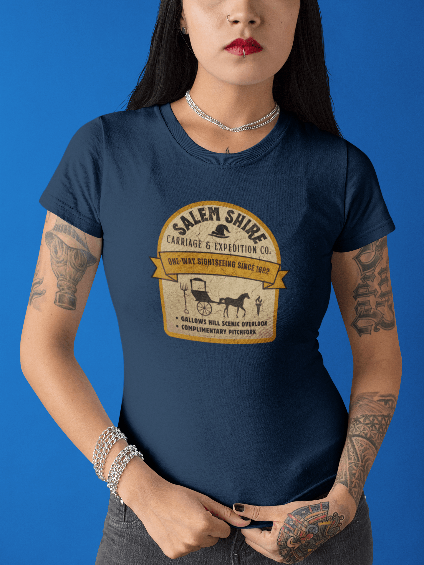 Salem Shire Carriage & Expedition Co. T-Shirt | Vintage Salem Witch Trials Parody Graphic Tee, Funny Gallows Hill Halloween Tour Shirt - Guilty Kick Apparel