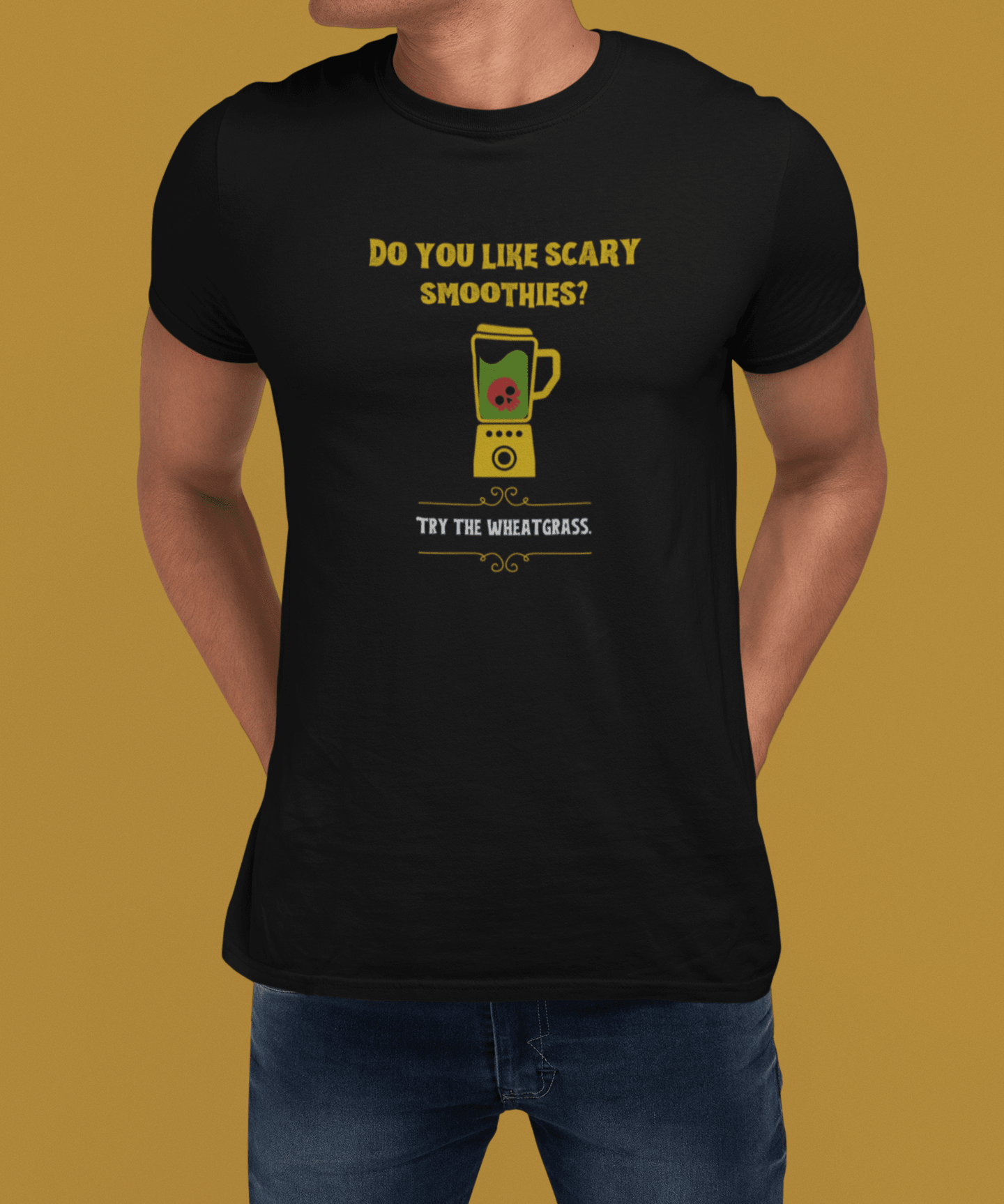 Scary Smoothies Wheatgrass Graphic Tee, Funny Sarcastic Wellness Parody Halloween Shirt - Guilty Kick Apparel