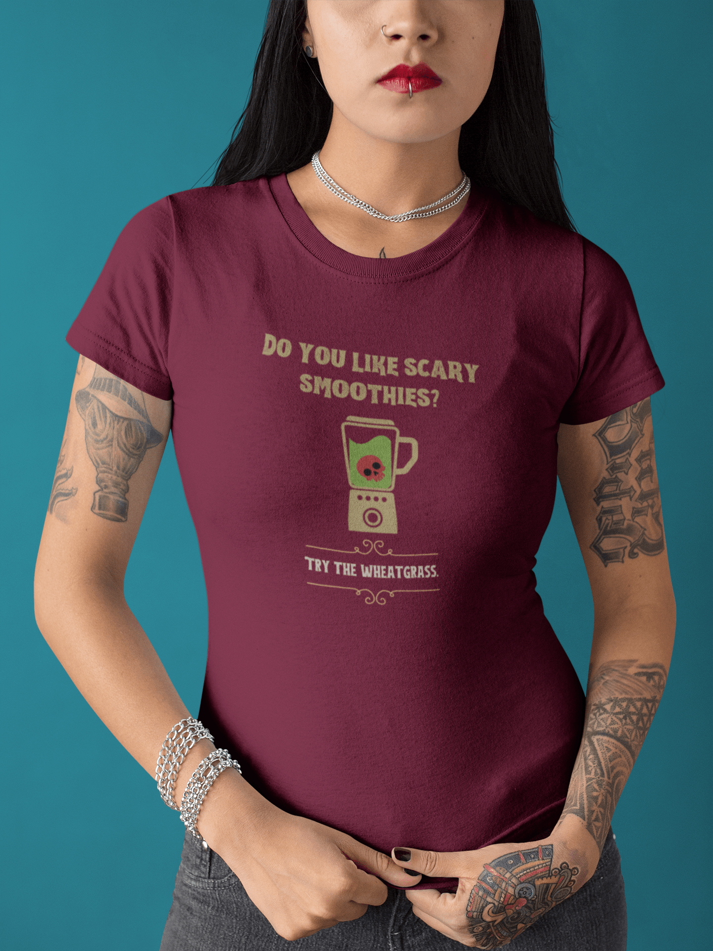 Scary Smoothies Wheatgrass Graphic Tee, Funny Sarcastic Wellness Parody Halloween Shirt - Guilty Kick Apparel