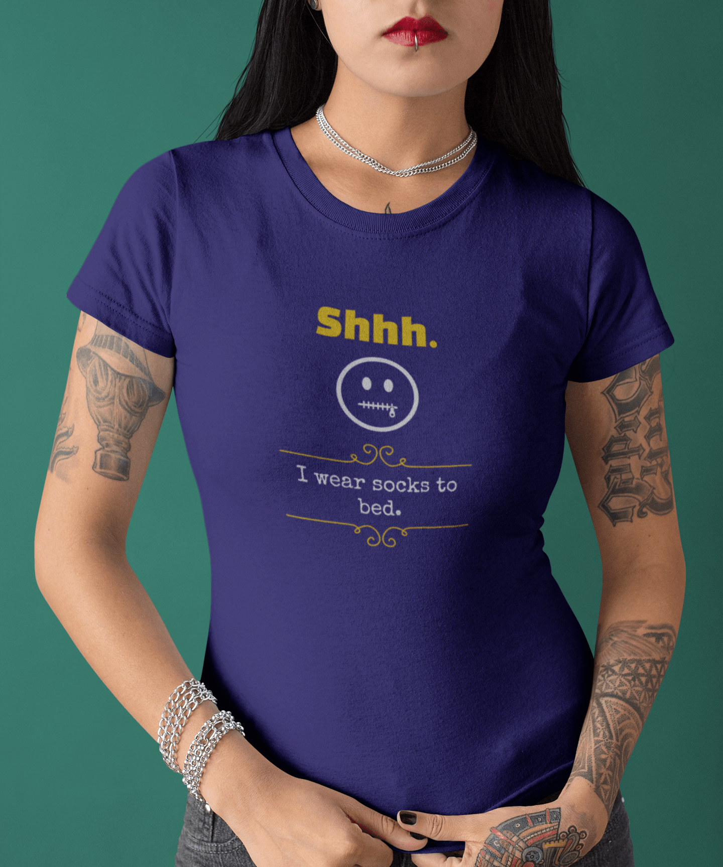 Shhh I Wear Socks To Bed Funny Graphic T-Shirt Guilty Kick Confessions Collection - Guilty Kick Apparel