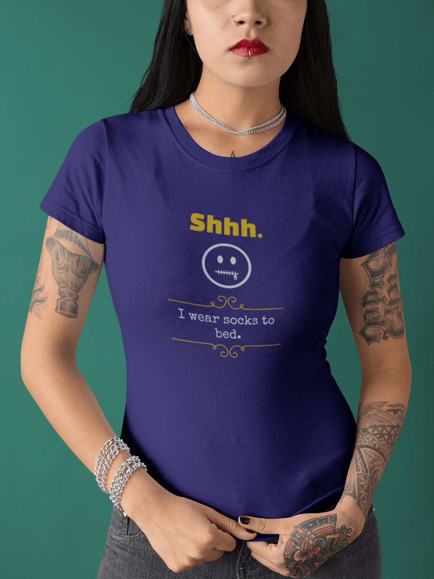 Shhh I Wear Socks To Bed Funny Graphic T-Shirt Guilty Kick Confessions Collection - Guilty Kick Apparel