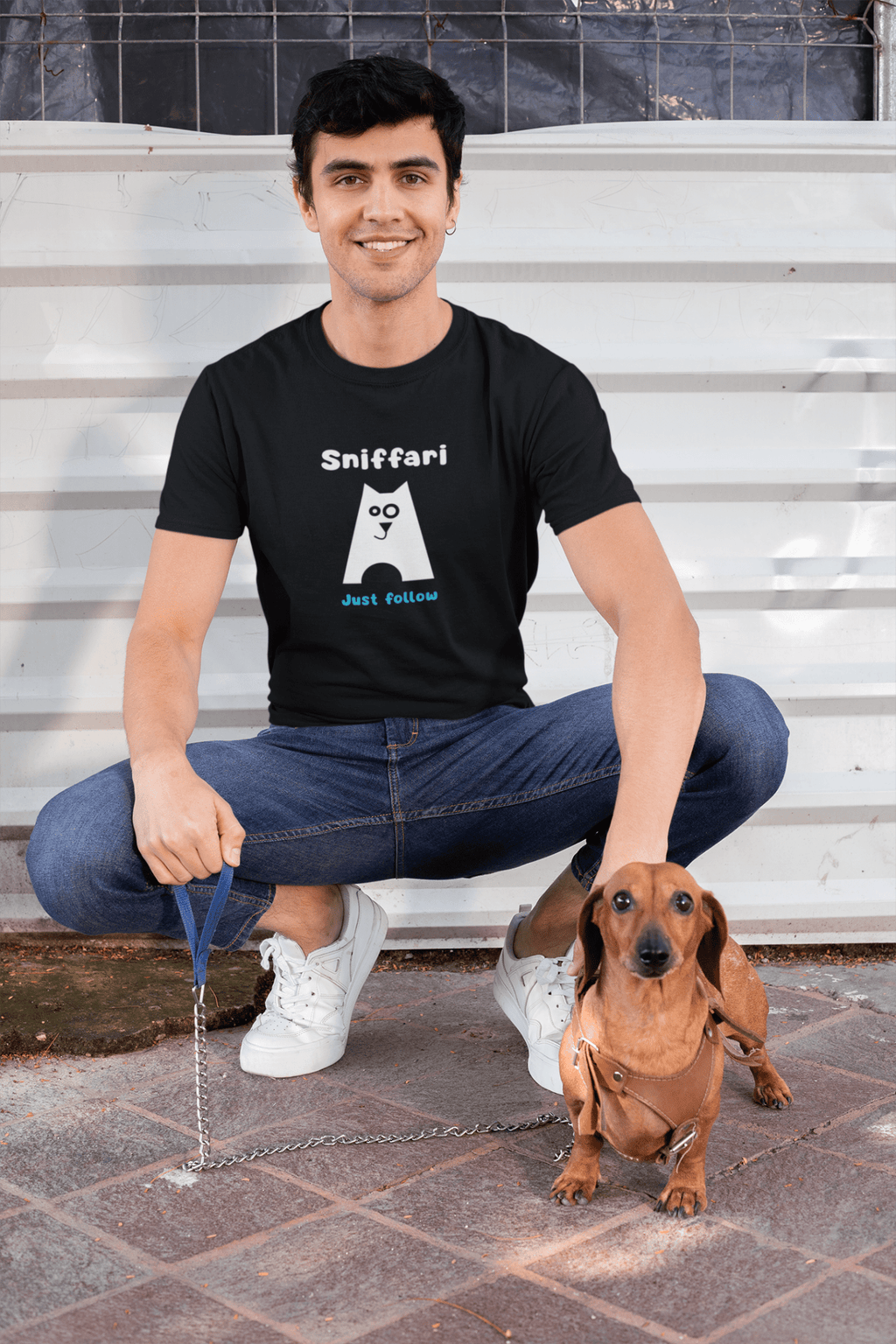 Sniffari Minimalist Dog T-Shirt, Mid - Century Modern Just Follow Geometric Graphic Tee - Guilty Kick Apparel