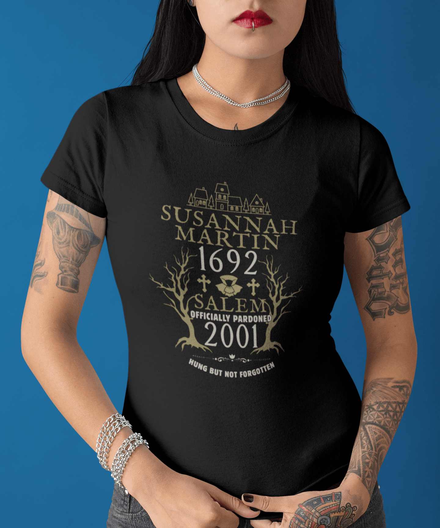 Susannah Martin 1692 Salem Witch Pardoned 2001 - Humorous Satire T-Shirt - Guilty Kick Apparel