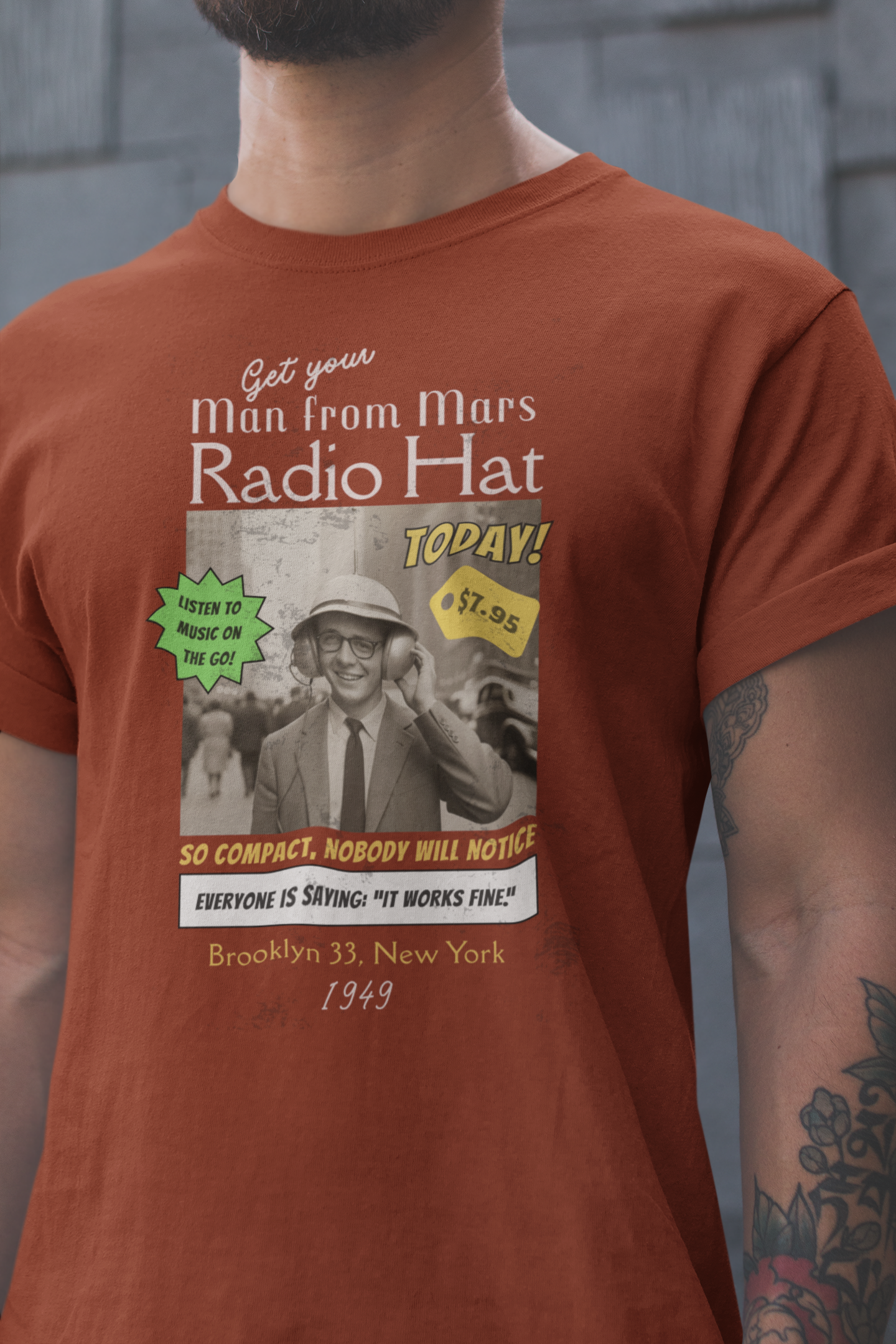 Vintage Radio Hat Man Graphic Tee, 1949 iPod Parody Shirt