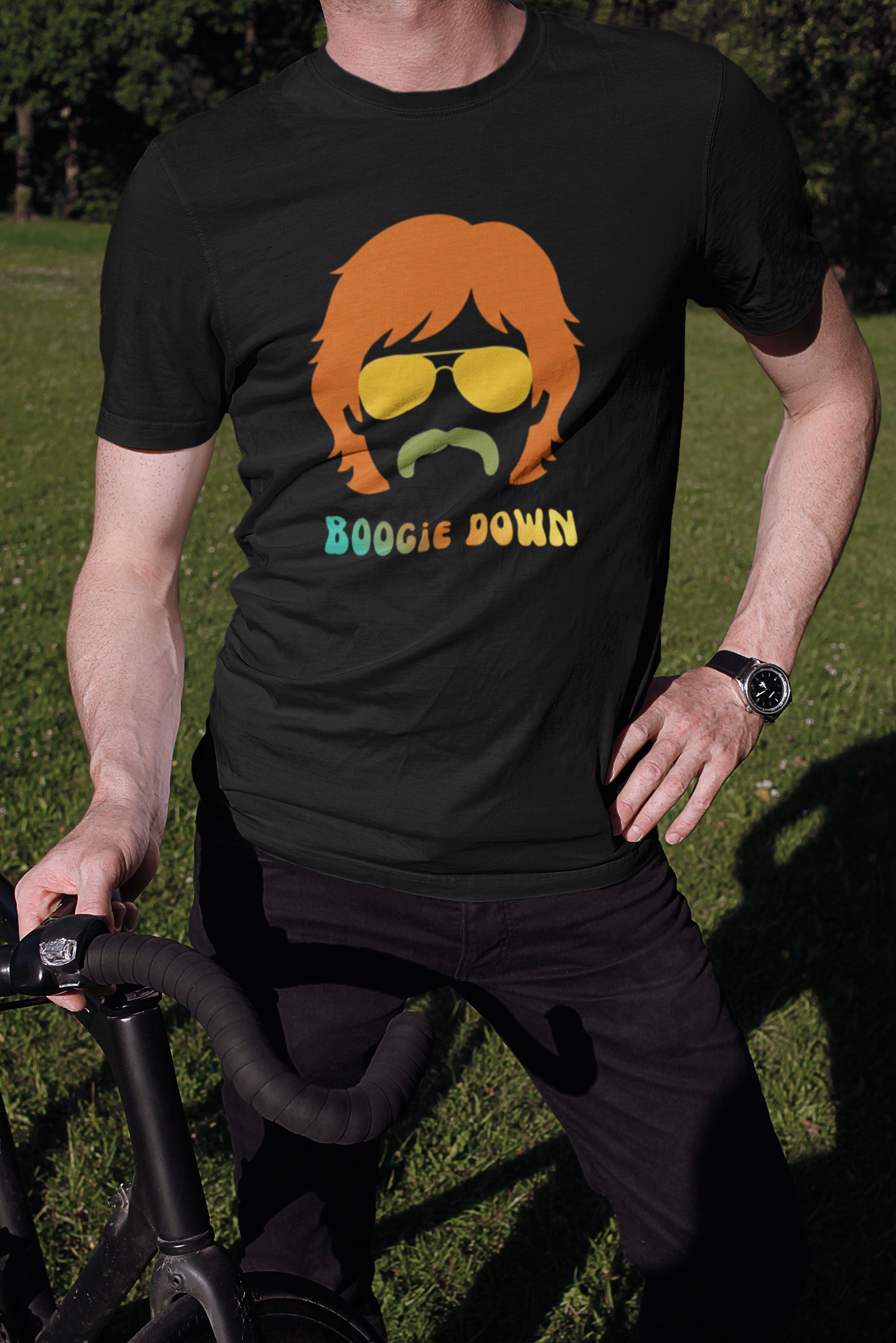Retro 70s Boogie Down Graphic Tee Vintage Aviators & Mustache Shag Hair Style