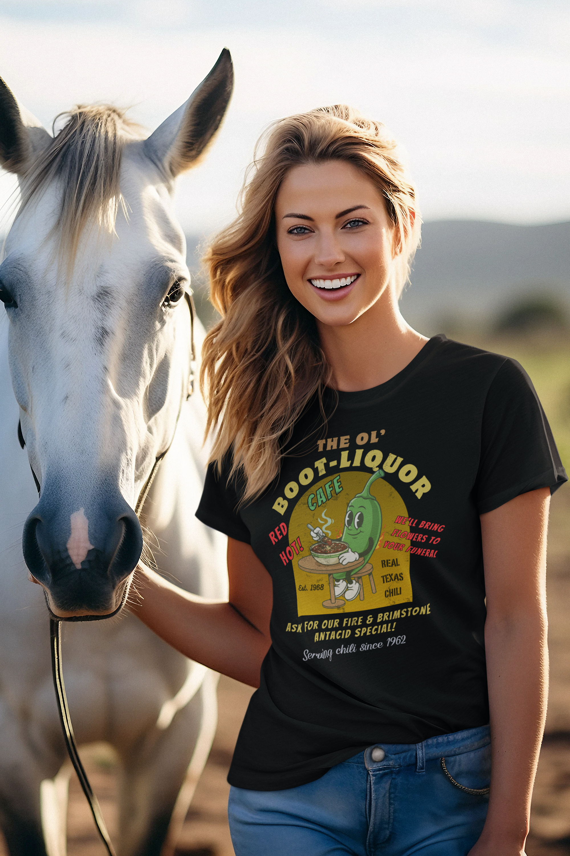 The Ol' Boot-Liquor Cafe T-Shirt: Red Hot Texas Chili | Funny Vintage Diner Mascot Tee | We'll Bring Flowers to Your Funeral