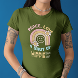 Peace Love and Shut Up Retro T-Shirt Hippie Town USA Satirical Tee