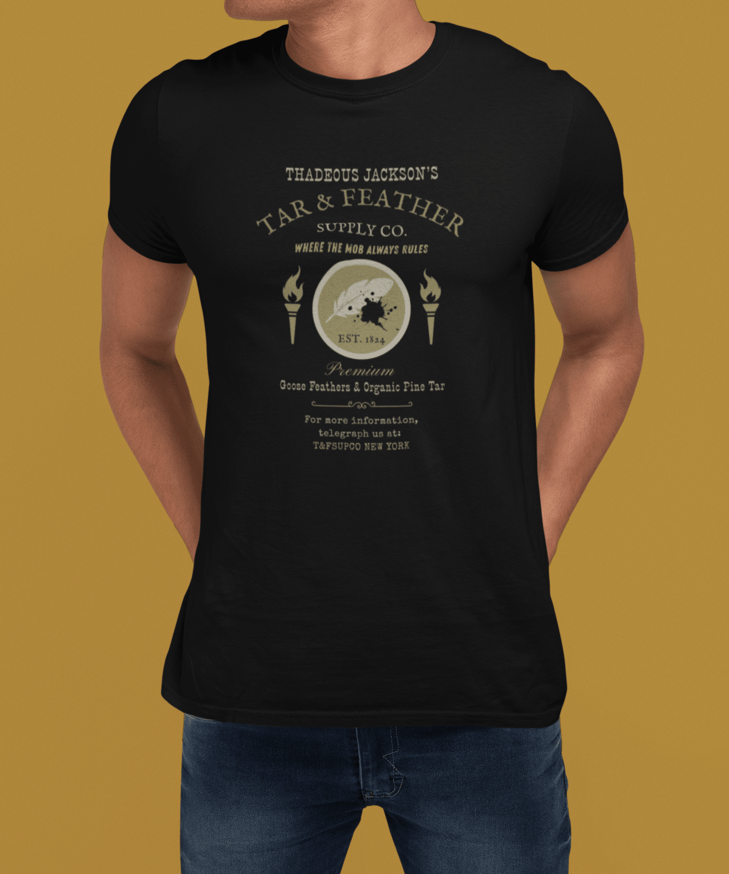Thadeous Jacksons Tar & Feather Supply Co. T-Shirt, Vintage Dark Humor Graphic Tee, Frontier Mob Justice Satire Halloween Shirt - Guilty Kick Apparel