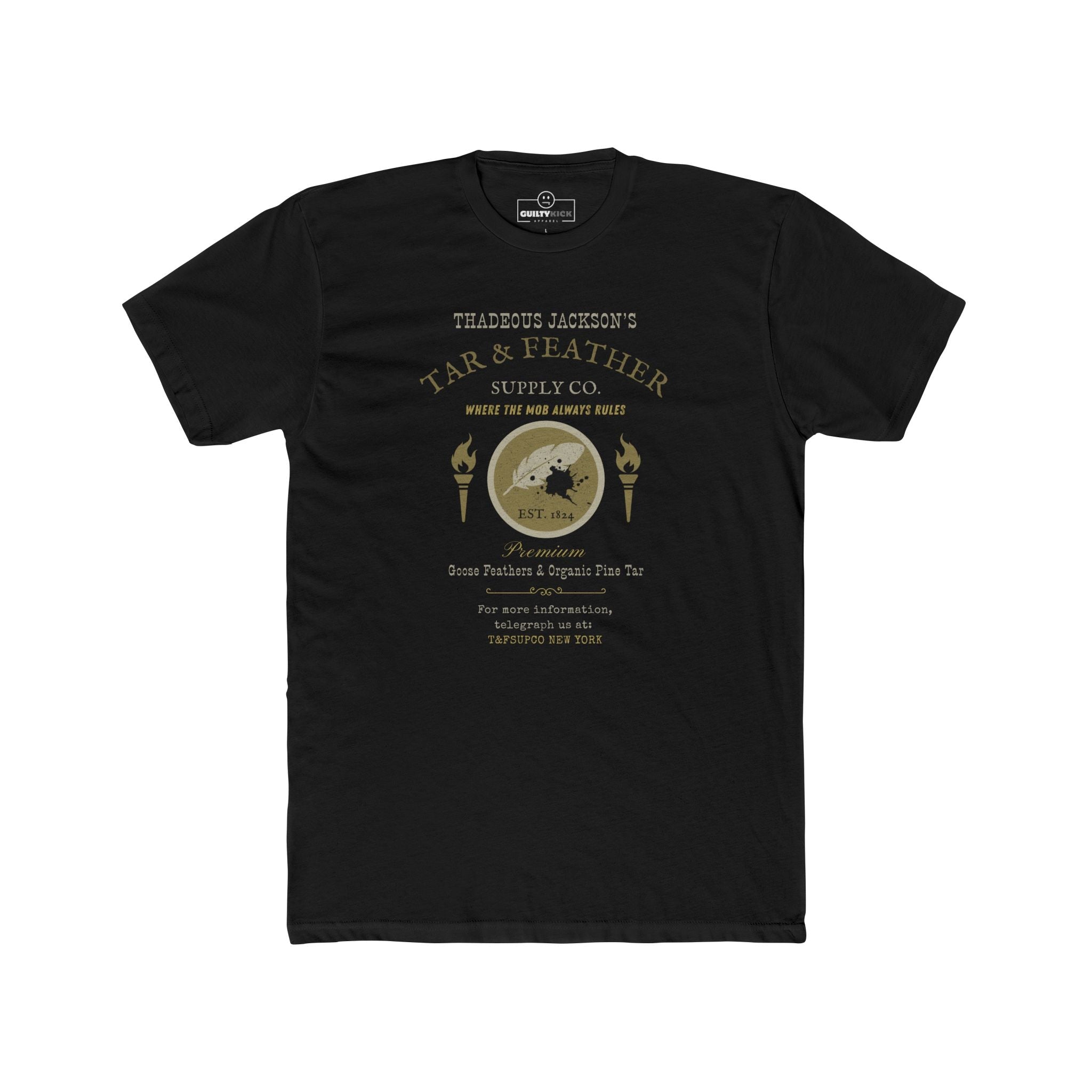 Thadeous Jacksons Tar & Feather Supply Co. T-Shirt, Vintage Dark Humor Graphic Tee, Frontier Mob Justice Satire Halloween Shirt - Guilty Kick Apparel