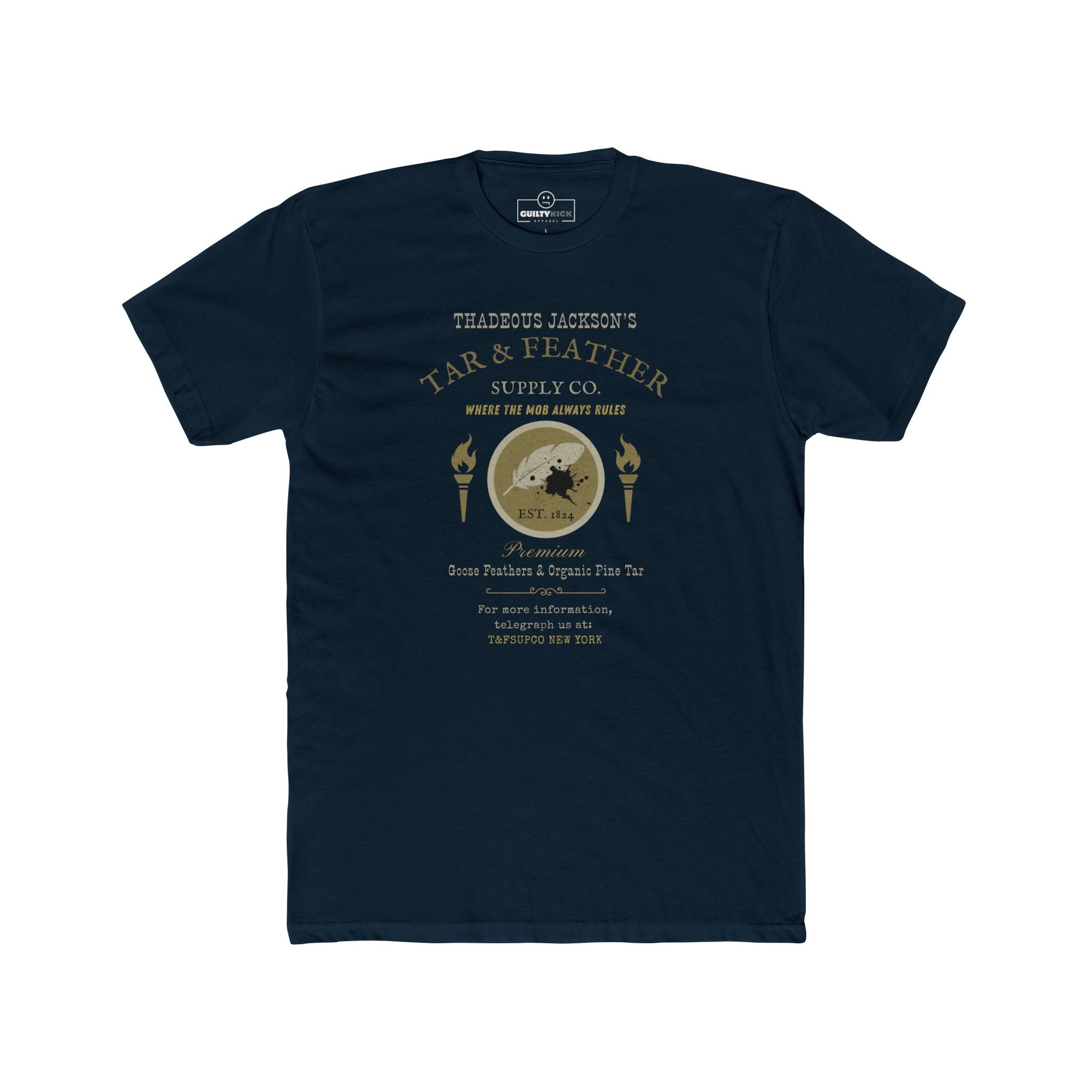 Thadeous Jacksons Tar & Feather Supply Co. T-Shirt, Vintage Dark Humor Graphic Tee, Frontier Mob Justice Satire Halloween Shirt - Guilty Kick Apparel