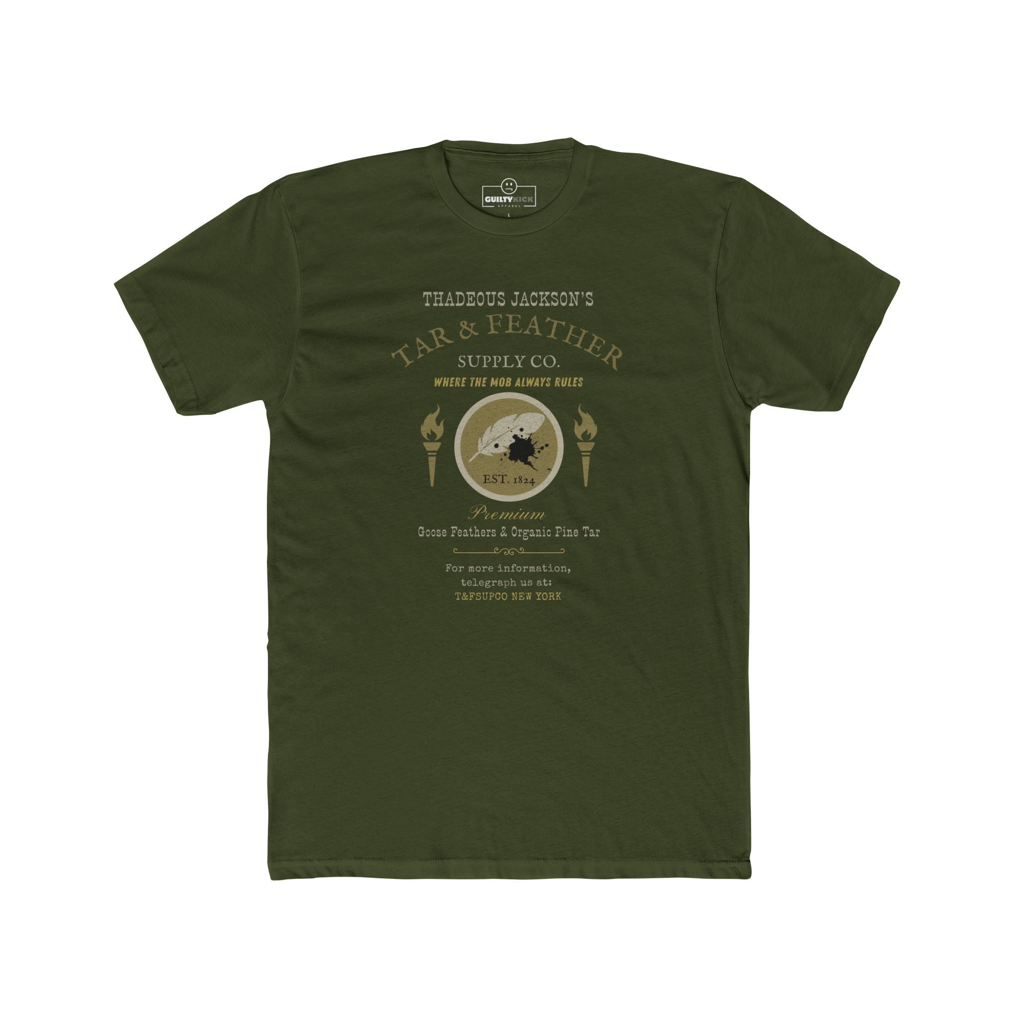 Thadeous Jacksons Tar & Feather Supply Co. T-Shirt, Vintage Dark Humor Graphic Tee, Frontier Mob Justice Satire Halloween Shirt - Guilty Kick Apparel