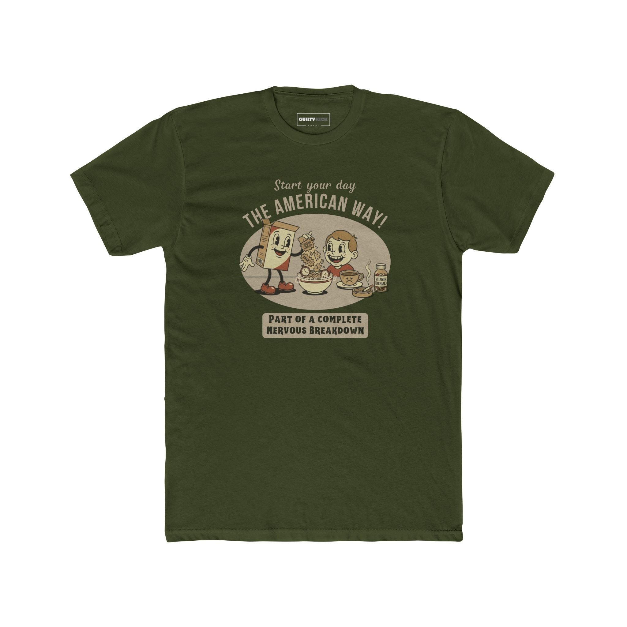 The American Way: Vintage 1930s Cereal Parody "Complete Nervous Breakdown" T-Shirt - Guilty Kick Apparel