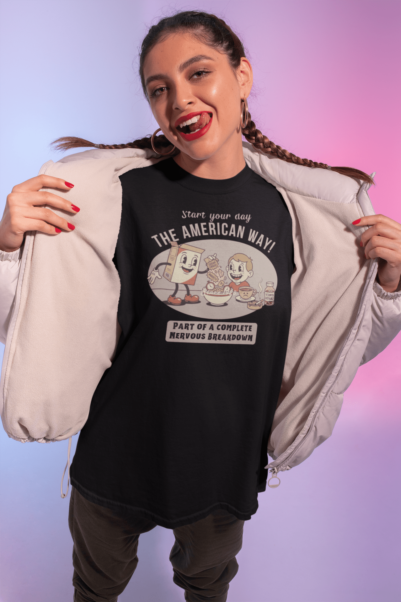 The American Way: Vintage 1930s Cereal Parody "Complete Nervous Breakdown" T-Shirt - Guilty Kick Apparel