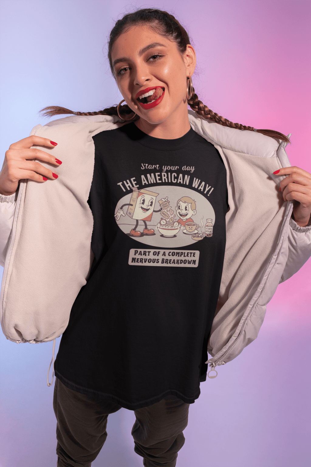The American Way: Vintage 1930s Cereal Parody "Complete Nervous Breakdown" T-Shirt - Guilty Kick Apparel