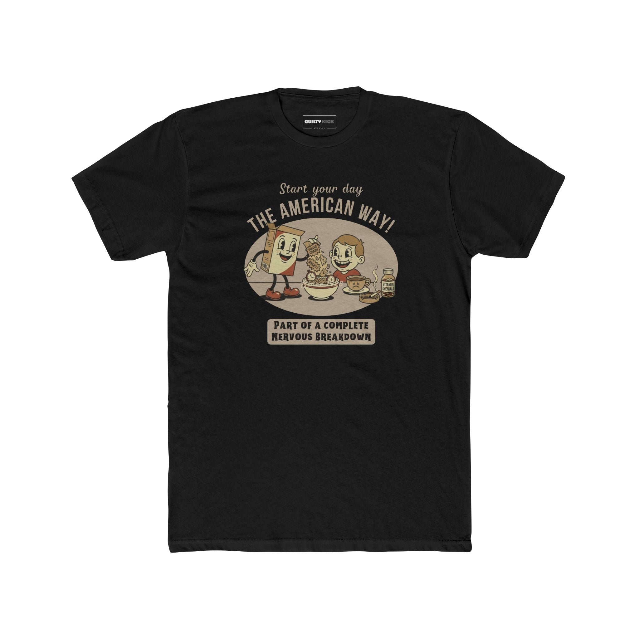 The American Way: Vintage 1930s Cereal Parody "Complete Nervous Breakdown" T-Shirt - Guilty Kick Apparel