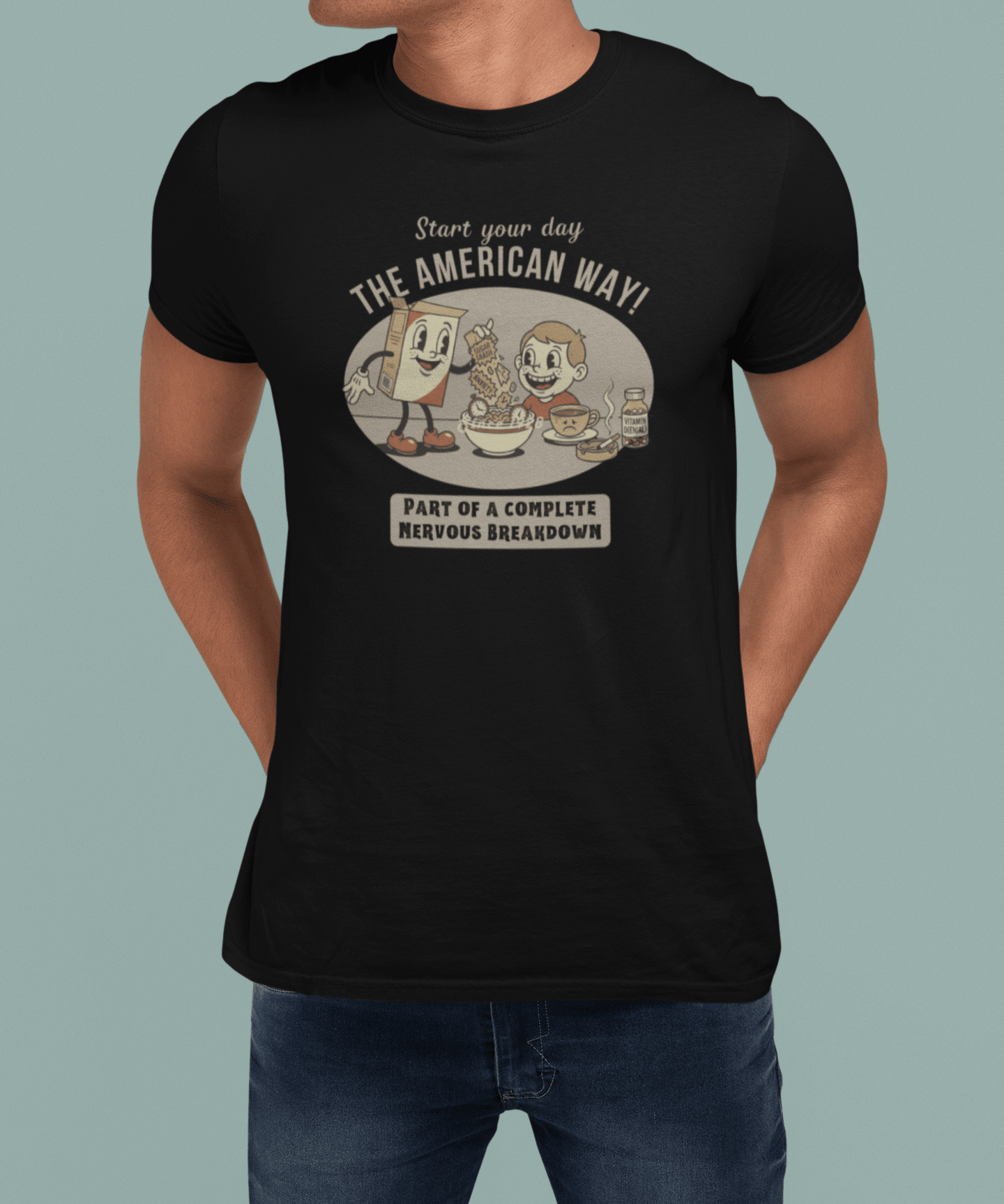 The American Way: Vintage 1930s Cereal Parody "Complete Nervous Breakdown" T-Shirt - Guilty Kick Apparel