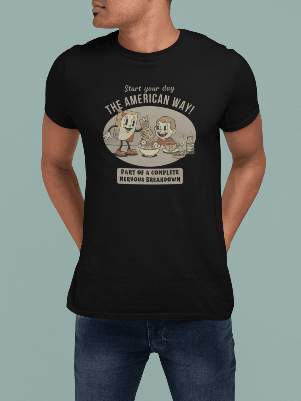 The American Way: Vintage 1930s Cereal Parody "Complete Nervous Breakdown" T-Shirt - Guilty Kick Apparel