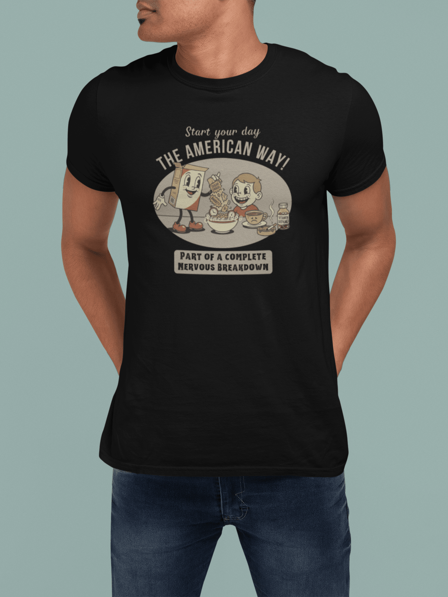The American Way: Vintage 1930s Cereal Parody "Complete Nervous Breakdown" T-Shirt - Guilty Kick Apparel