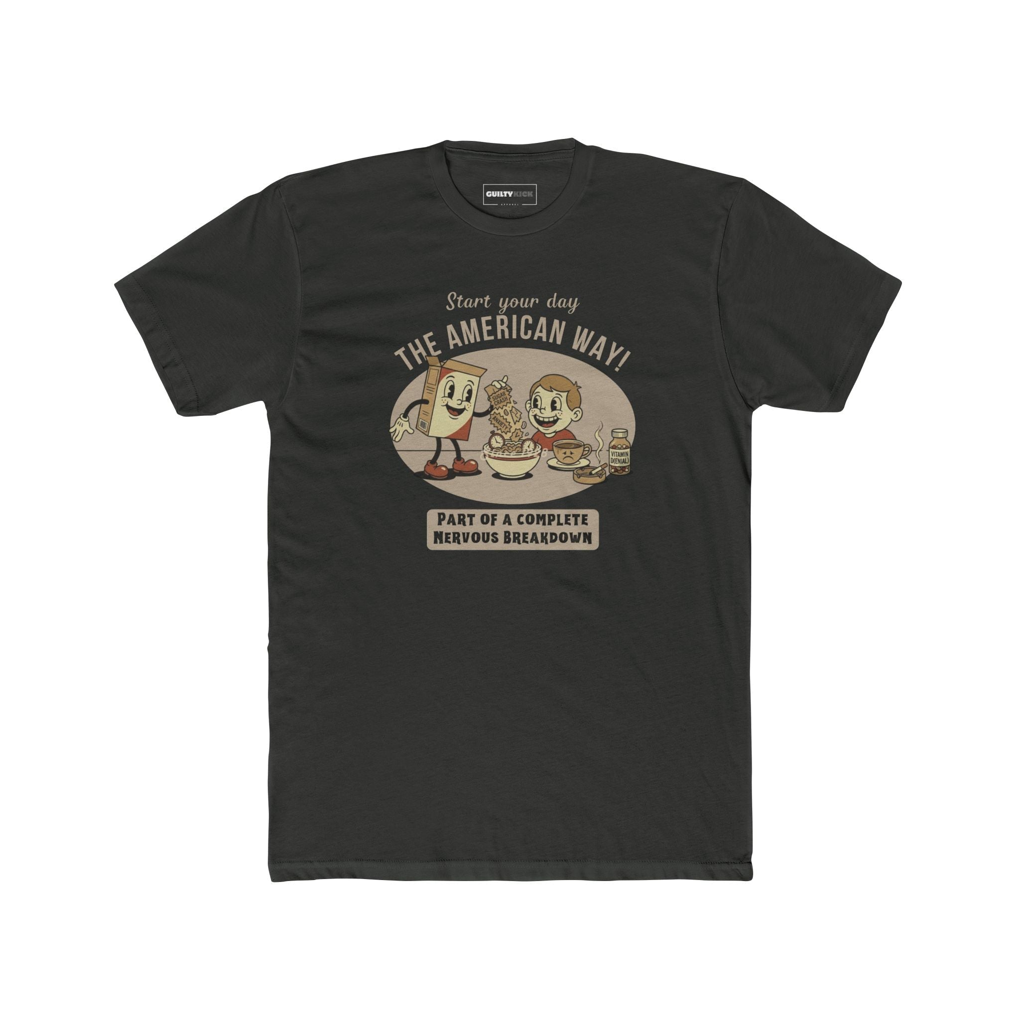 The American Way: Vintage 1930s Cereal Parody "Complete Nervous Breakdown" T-Shirt - Guilty Kick Apparel