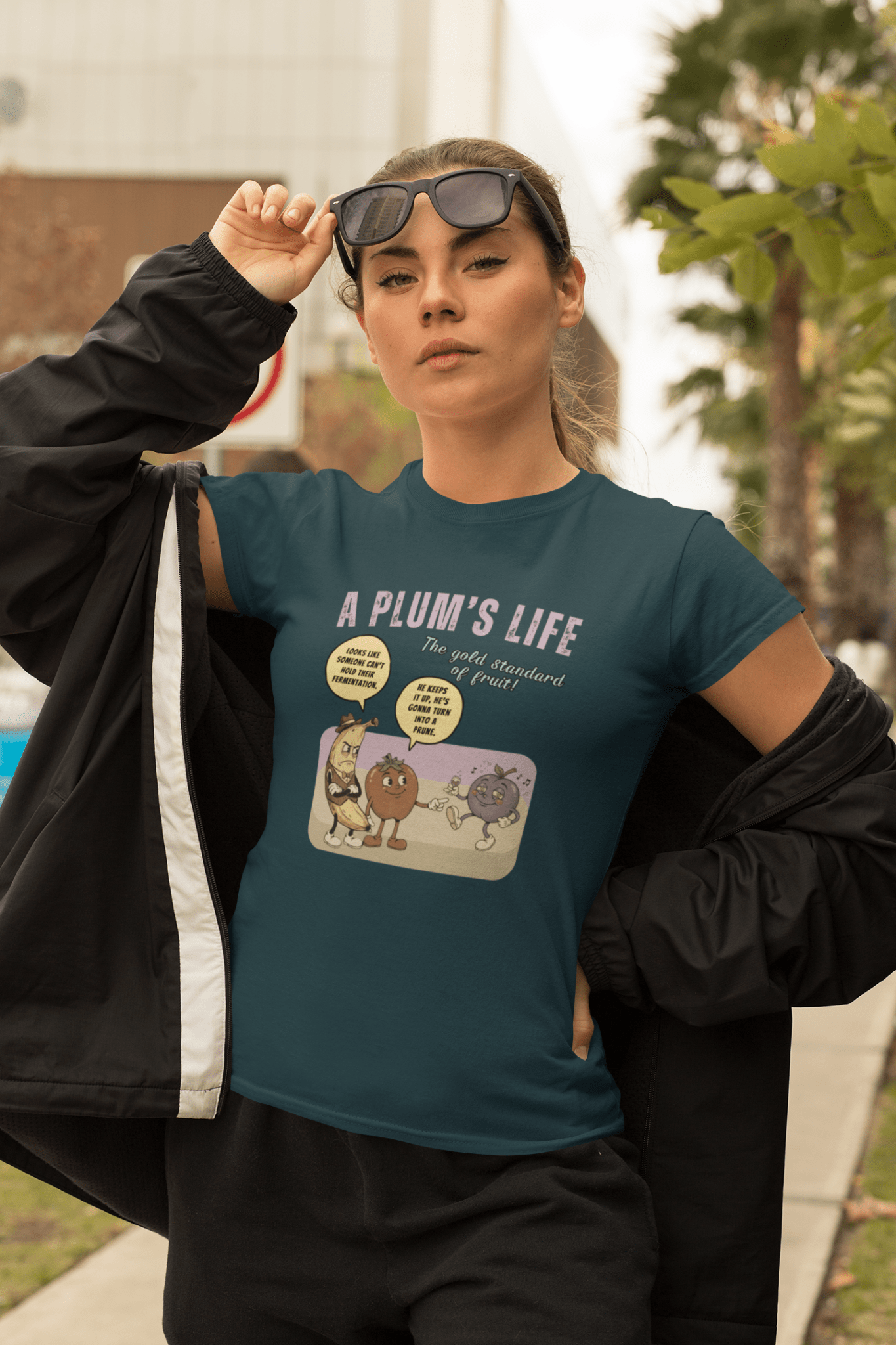 The life of a plum, Vintage Cartoon Fruit Satire T-shirt - Guilty Kick Apparel