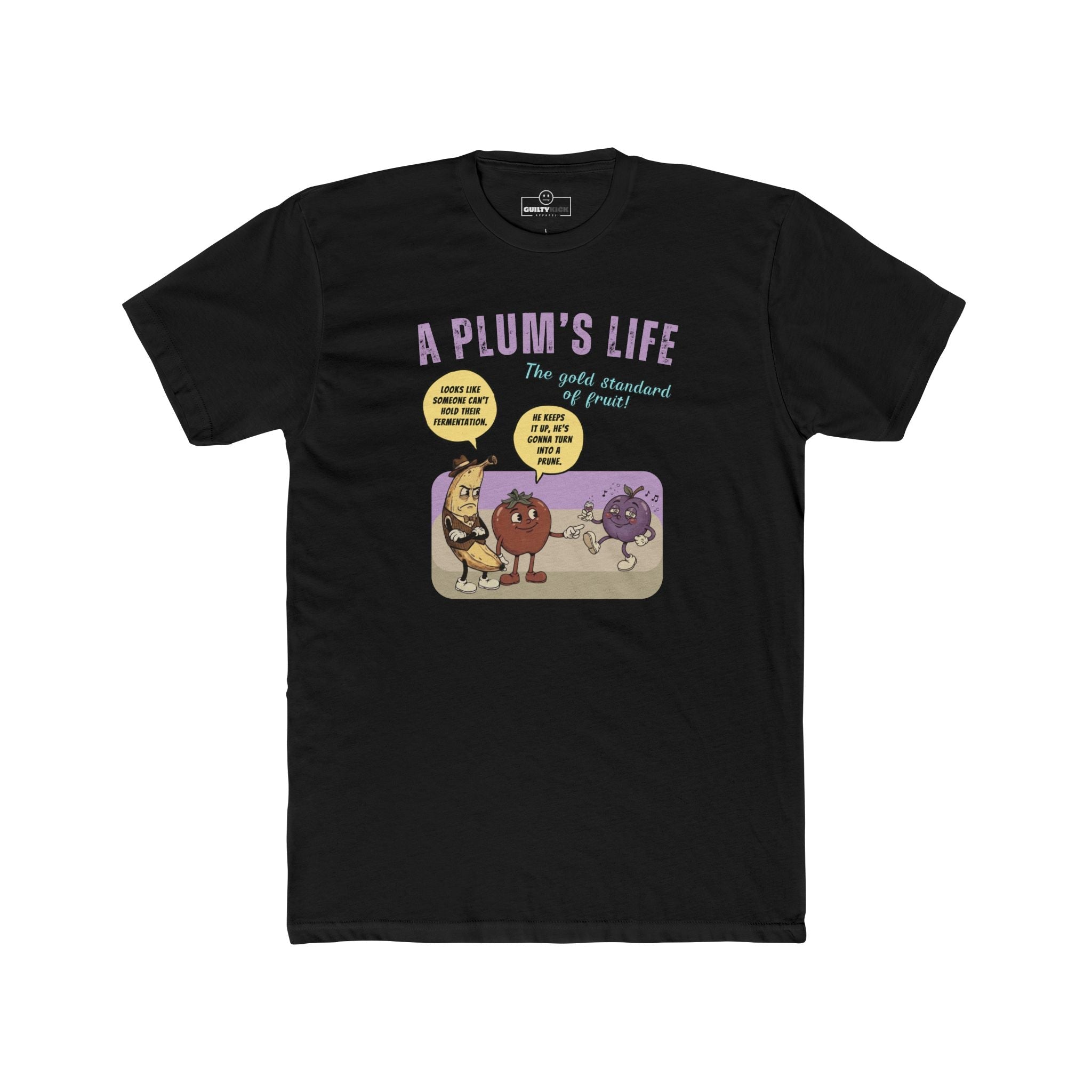 The life of a plum, Vintage Cartoon Fruit Satire T-shirt - Guilty Kick Apparel