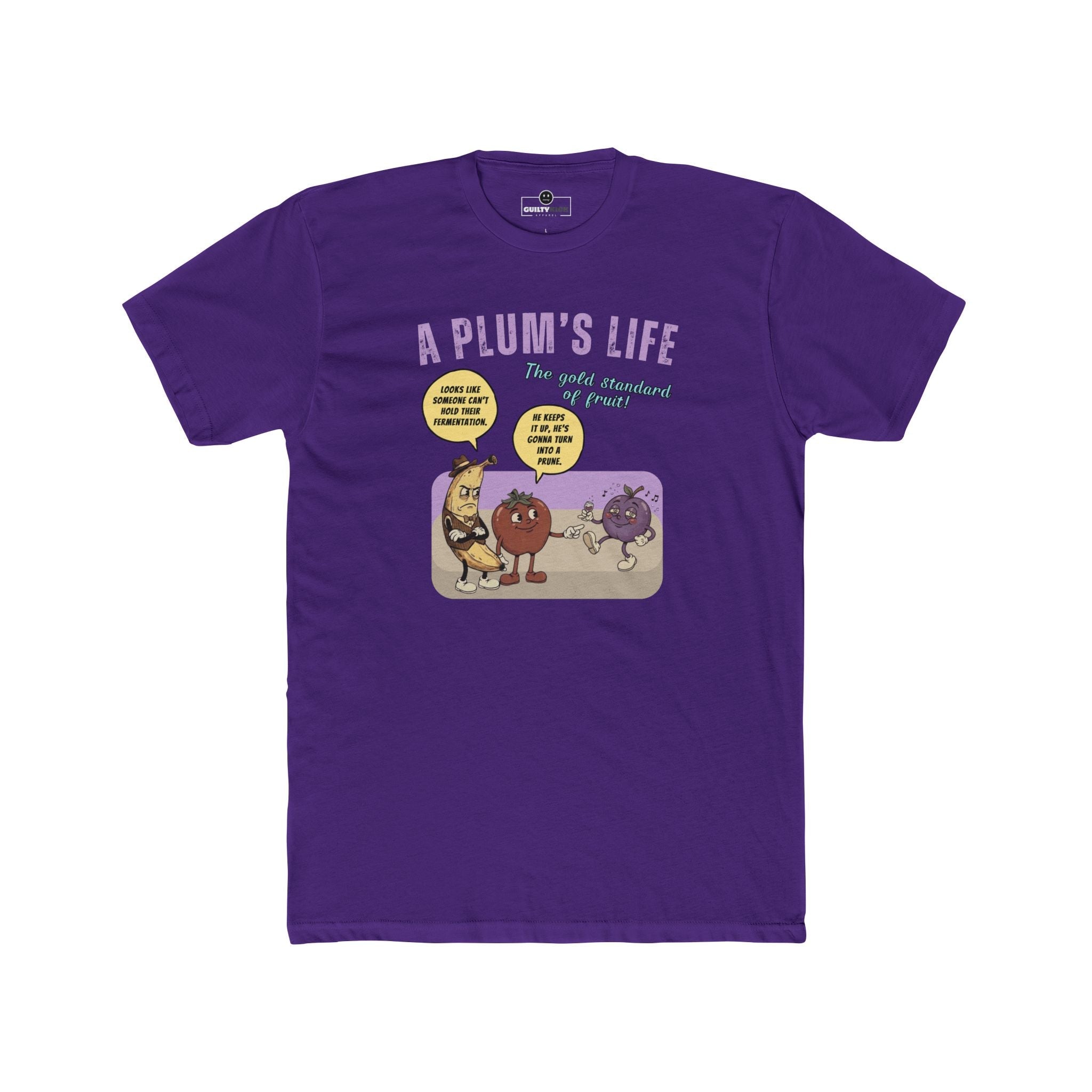 The life of a plum, Vintage Cartoon Fruit Satire T-shirt - Guilty Kick Apparel