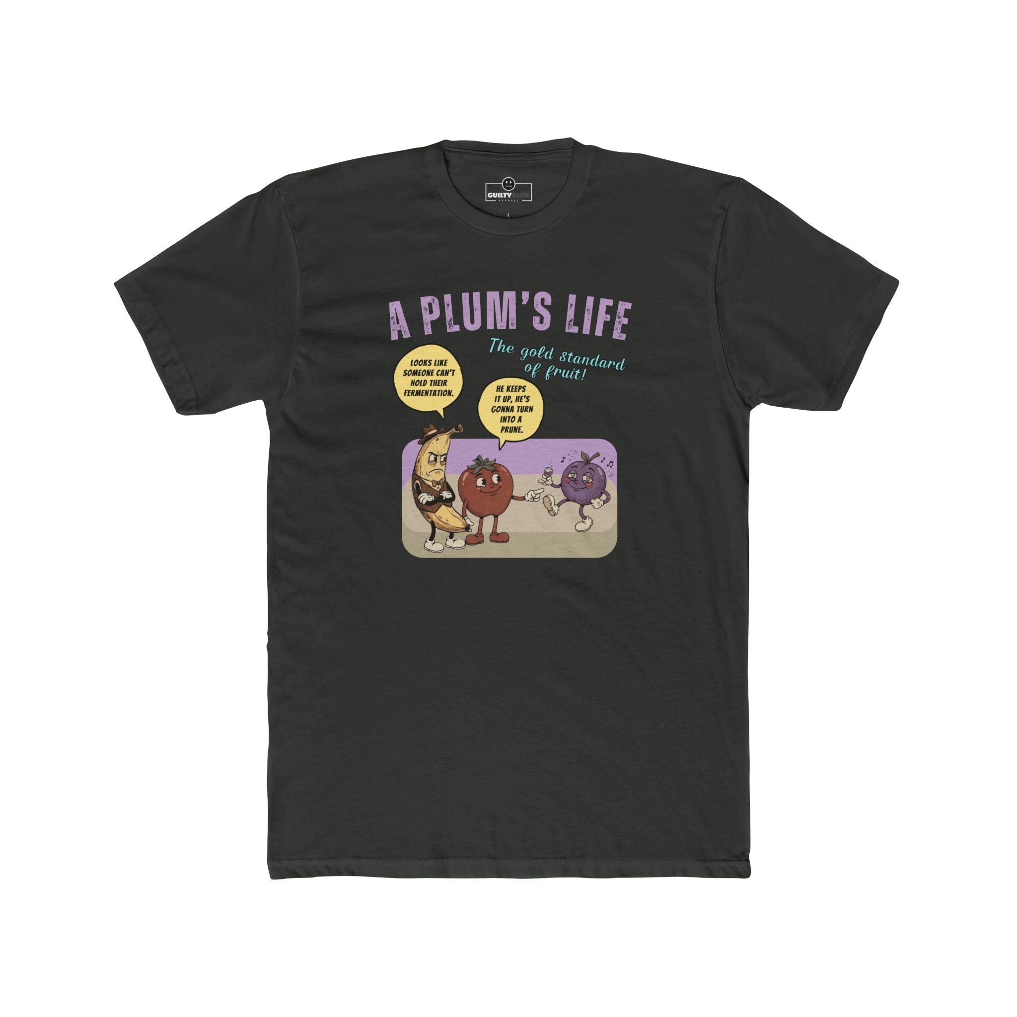 The life of a plum, Vintage Cartoon Fruit Satire T-shirt - Guilty Kick Apparel