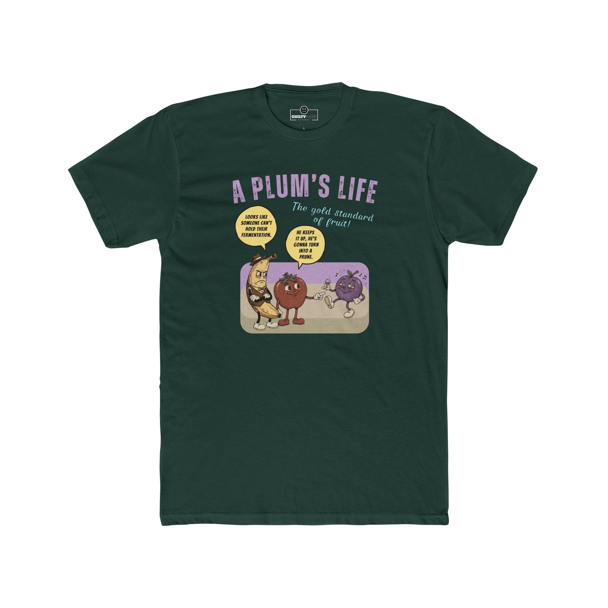 The life of a plum, Vintage Cartoon Fruit Satire T-shirt - Guilty Kick Apparel