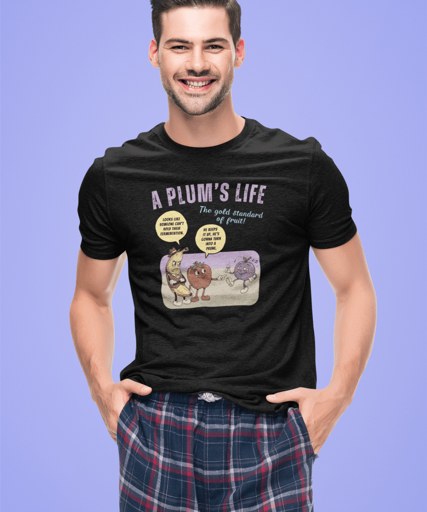 The life of a plum, Vintage Cartoon Fruit Satire T-shirt - Guilty Kick Apparel