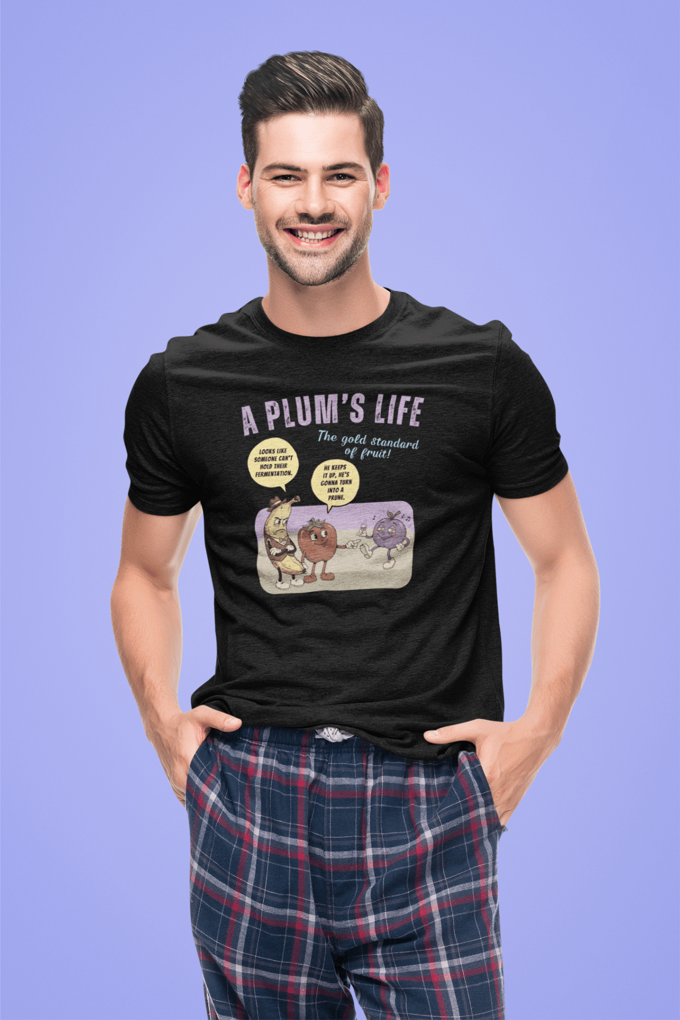 The life of a plum, Vintage Cartoon Fruit Satire T-shirt - Guilty Kick Apparel