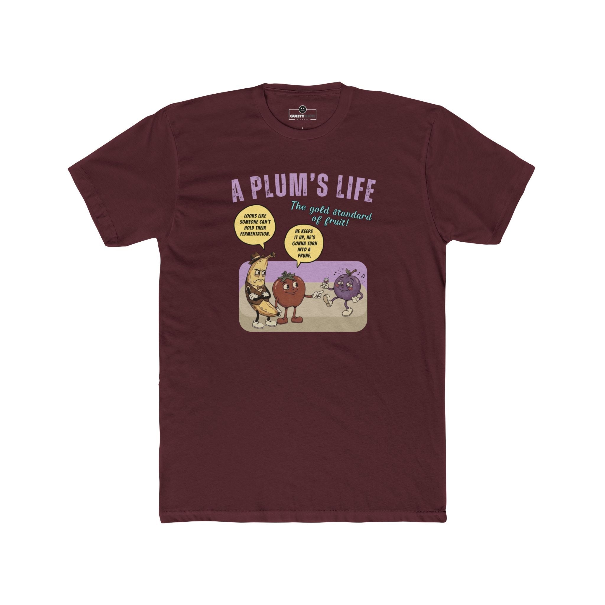 The life of a plum, Vintage Cartoon Fruit Satire T-shirt - Guilty Kick Apparel