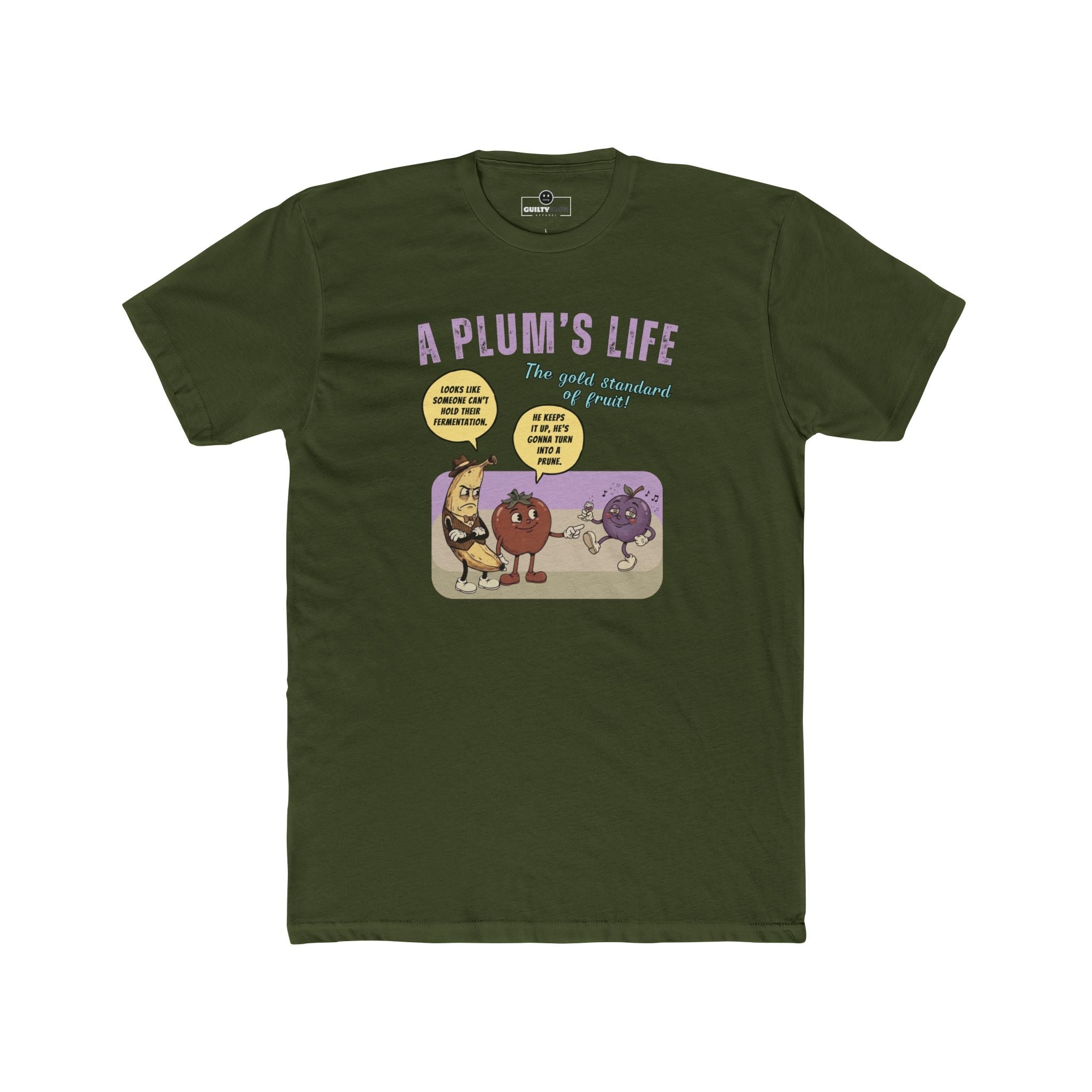 The life of a plum, Vintage Cartoon Fruit Satire T-shirt - Guilty Kick Apparel