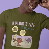 The life of a plum, Vintage Cartoon Fruit Satire T-shirt - Guilty Kick Apparel