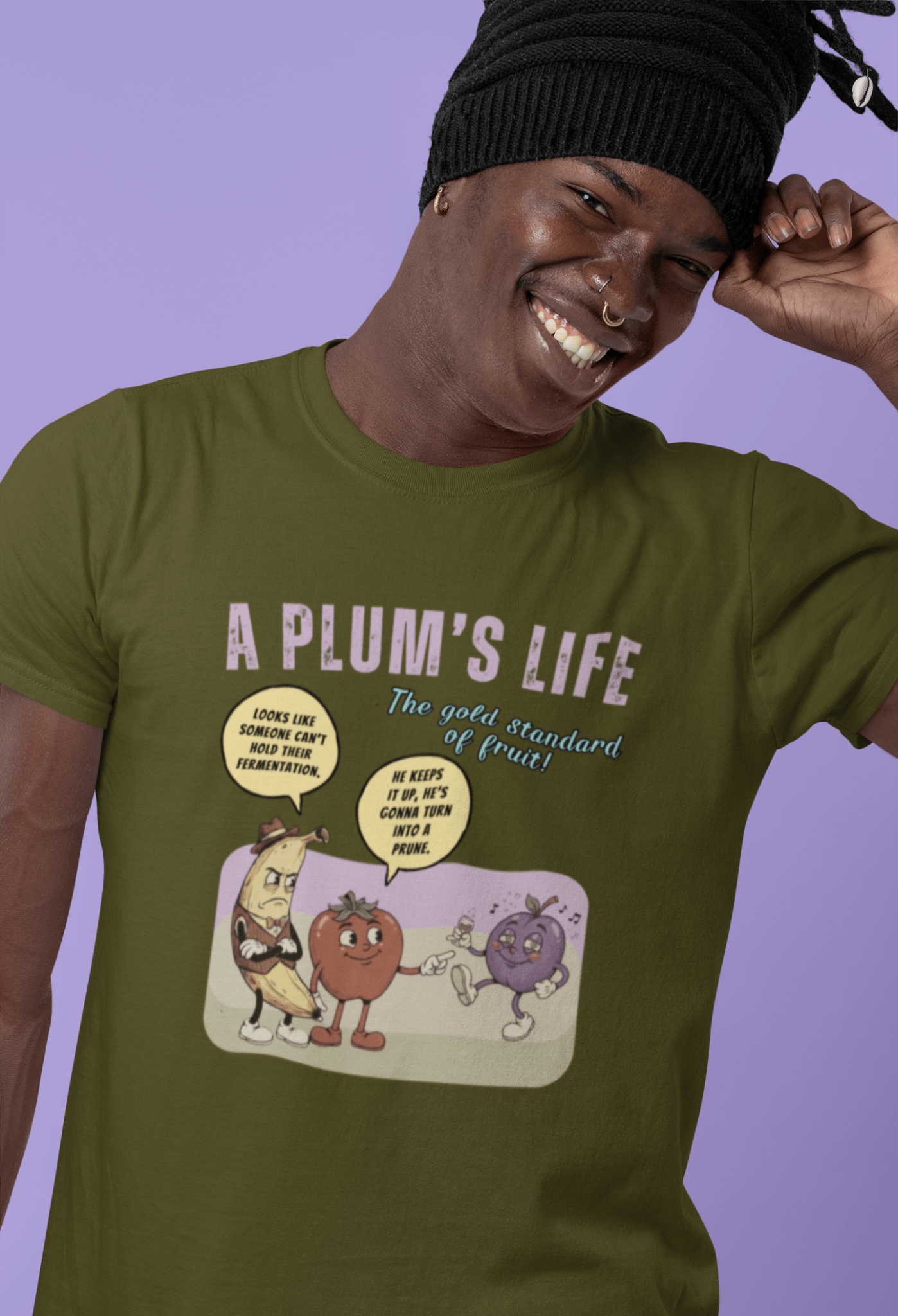 The life of a plum, Vintage Cartoon Fruit Satire T-shirt - Guilty Kick Apparel