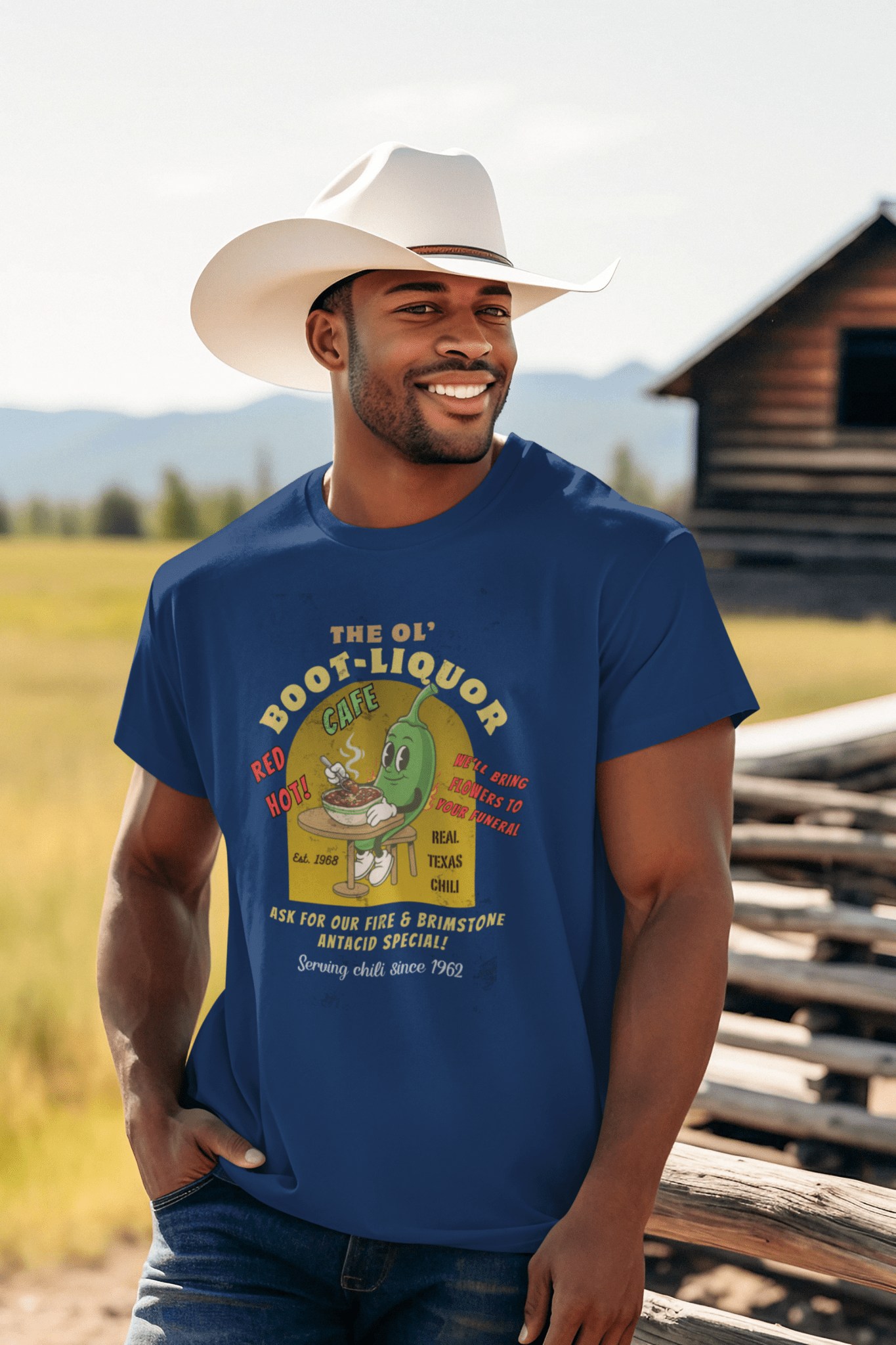 The Ol' Boot - Liquor Cafe T-Shirt: Red Hot Texas Chili | Funny Vintage Diner Mascot Tee | We'll Bring Flowers to Your Funeral - Guilty Kick Apparel