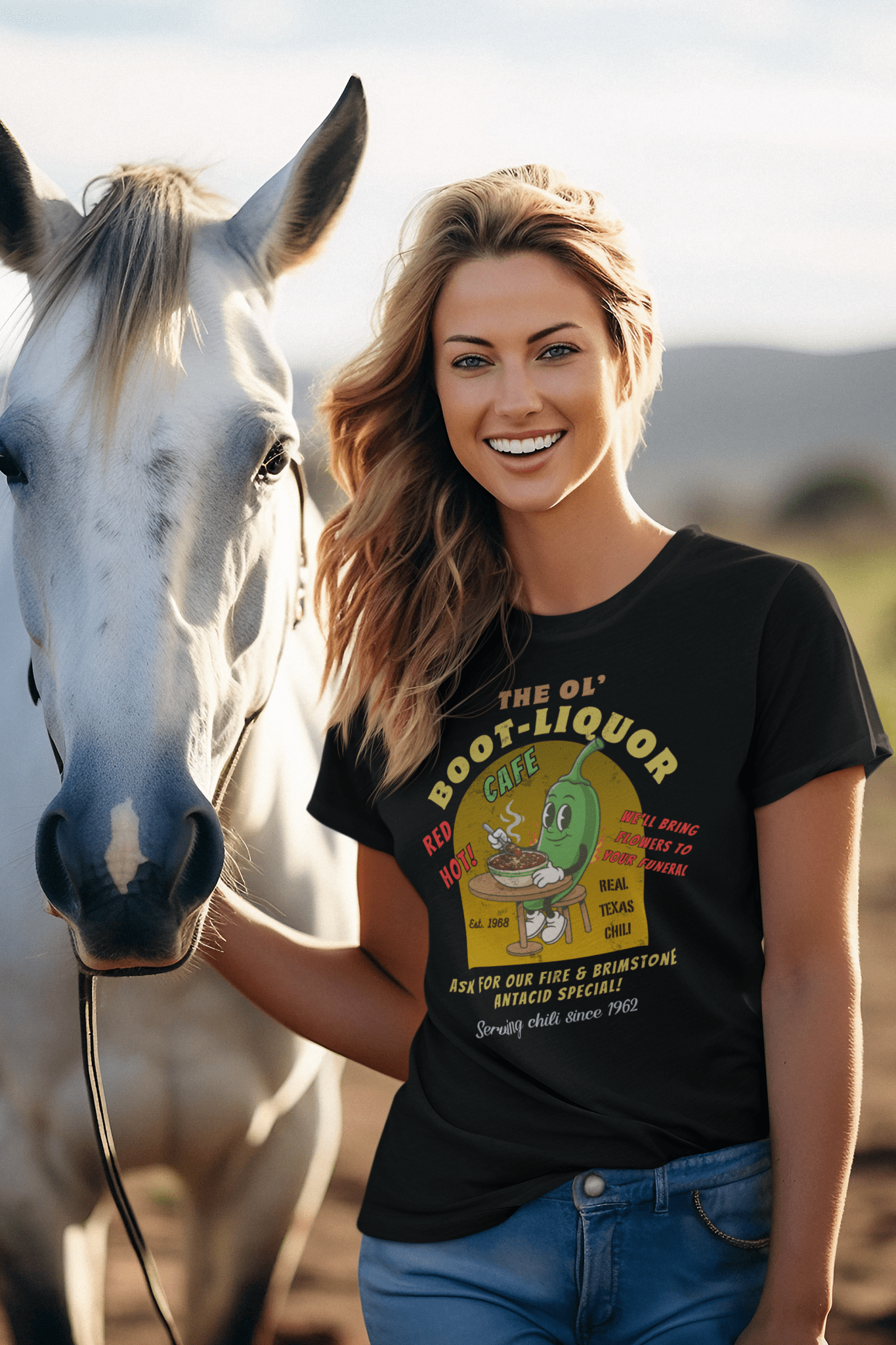 The Ol' Boot - Liquor Cafe T-Shirt: Red Hot Texas Chili | Funny Vintage Diner Mascot Tee | We'll Bring Flowers to Your Funeral - Guilty Kick Apparel