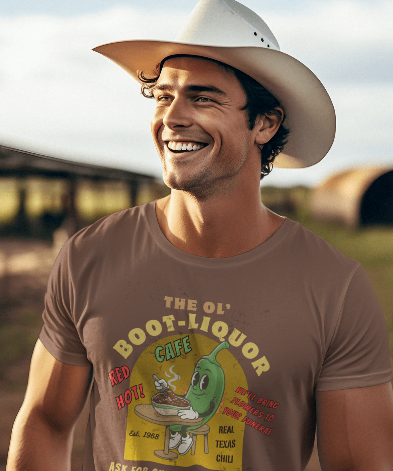 The Ol' Boot - Liquor Cafe T-Shirt: Red Hot Texas Chili | Funny Vintage Diner Mascot Tee | We'll Bring Flowers to Your Funeral - Guilty Kick Apparel