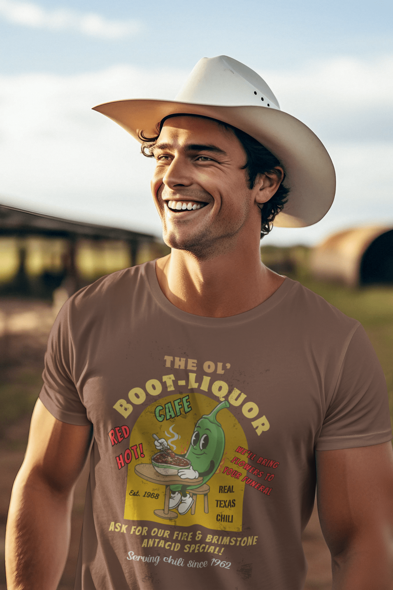 The Ol' Boot - Liquor Cafe T-Shirt: Red Hot Texas Chili | Funny Vintage Diner Mascot Tee | We'll Bring Flowers to Your Funeral - Guilty Kick Apparel