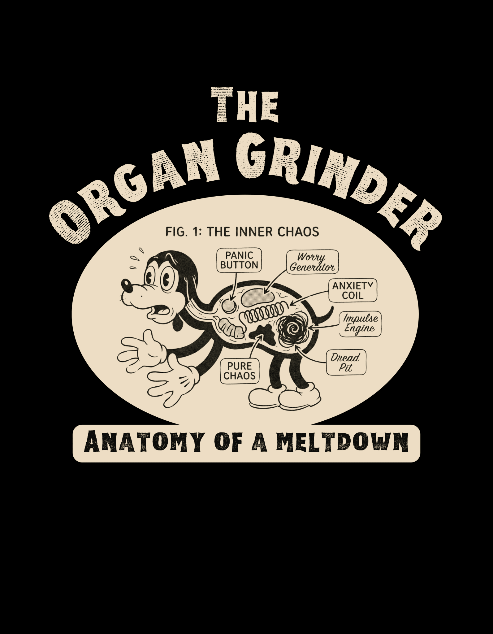 The Organ Grinder Retro Anatomy T-Shirt Vintage 1930s Cartoon Dog Meltdown Graphic Tee - Guilty Kick Apparel