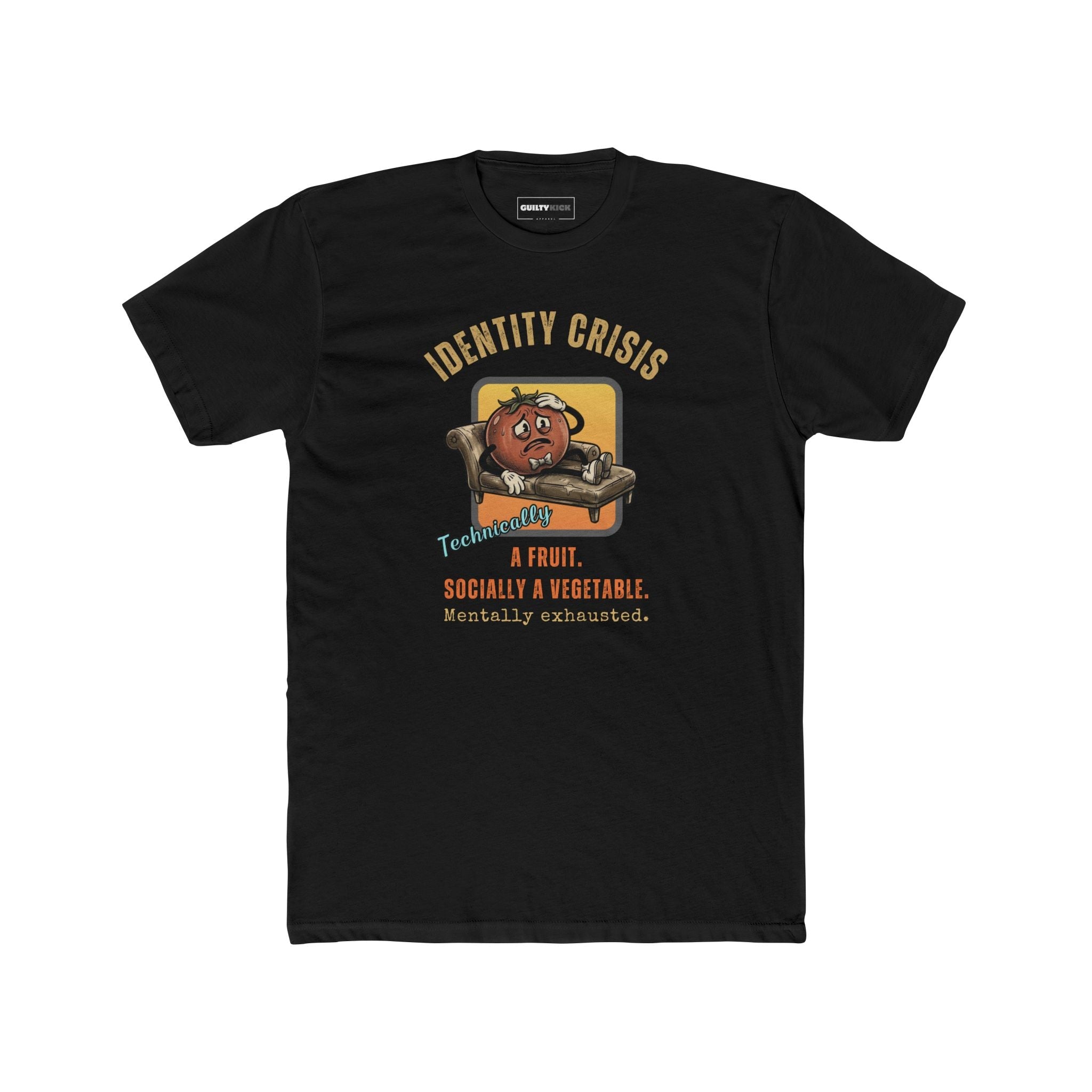 Tomato Identity Crisis T-Shirt, Socially a Vegetable Mentally Exhausted Funny Fruit Parody - Guilty Kick Apparel