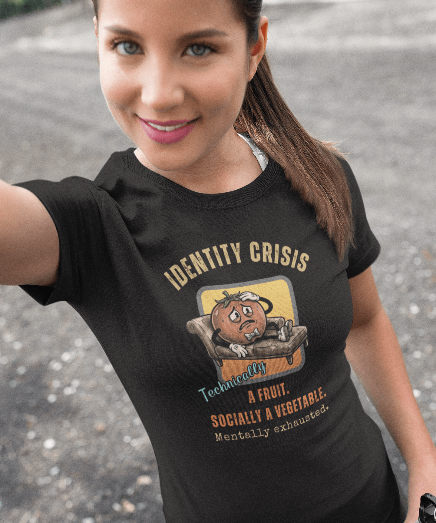 Tomato Identity Crisis T-Shirt, Socially a Vegetable Mentally Exhausted Funny Fruit Parody - Guilty Kick Apparel