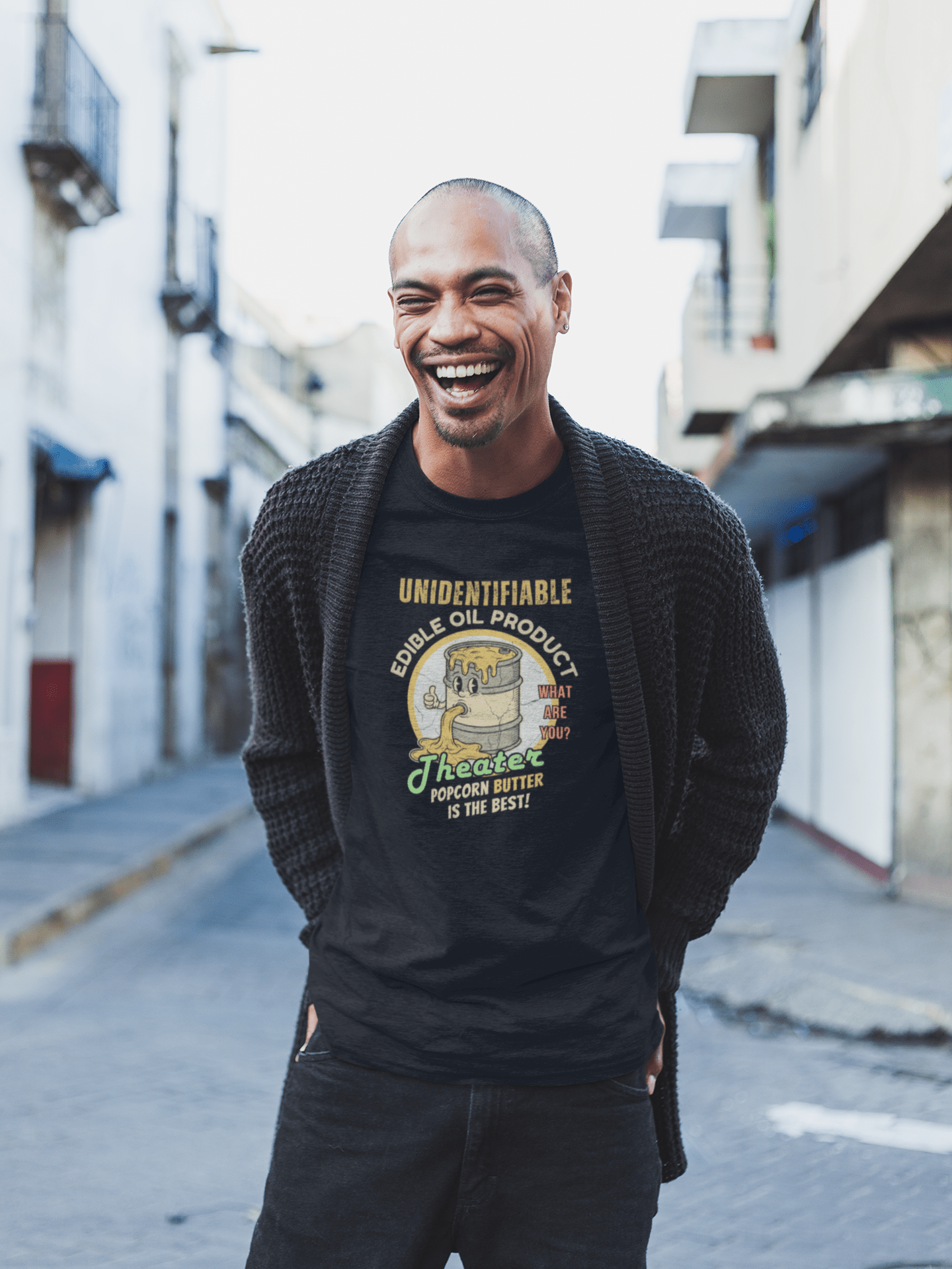 Unidentifiable Edible Oil Product - Funny Retro Movie Theater Popcorn Butter T-Shirt - Guilty Kick Apparel