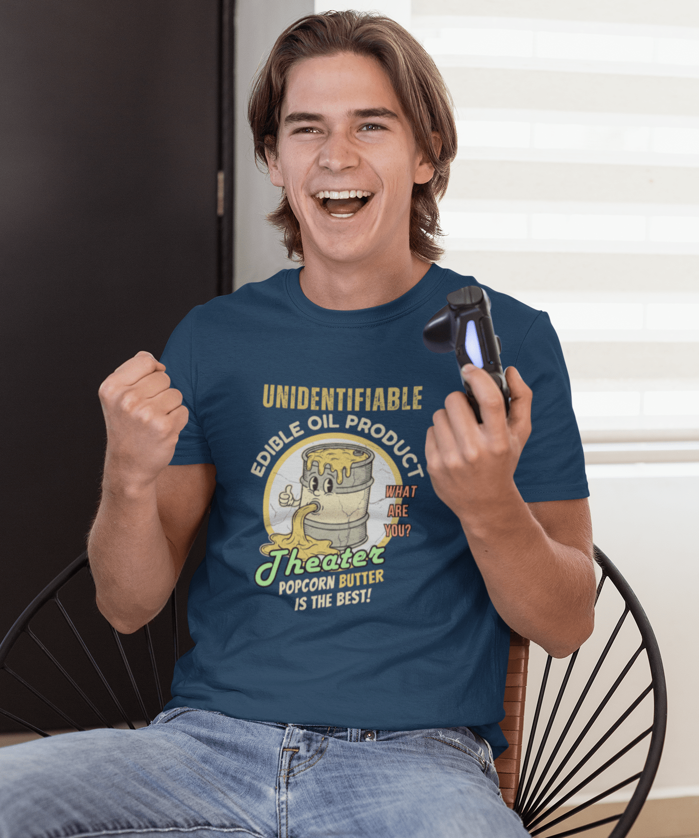 Unidentifiable Edible Oil Product - Funny Retro Movie Theater Popcorn Butter T-Shirt - Guilty Kick Apparel