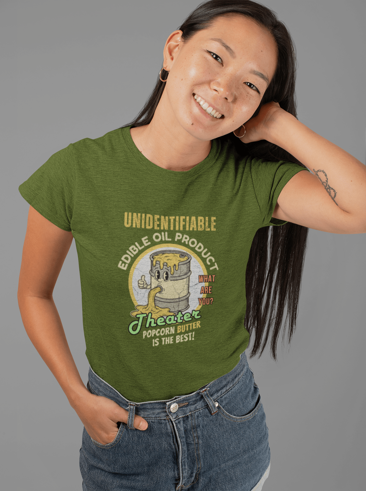 Unidentifiable Edible Oil Product - Funny Retro Movie Theater Popcorn Butter T-Shirt - Guilty Kick Apparel