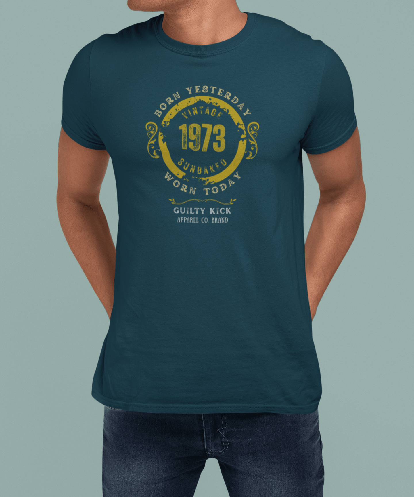 Vintage 1973 "Born Yesterday" Distressed Graphic Tee | Guilty Kick Sunbaked Retro Humor Shirt - Guilty Kick Apparel